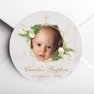 Doop Foto Bloem Calla Lelie Marmer Goud Ronde Sticker