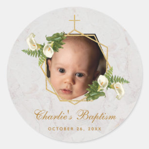 Doop Foto Bloemen Calla Lilies Marmer Goud Ronde Sticker