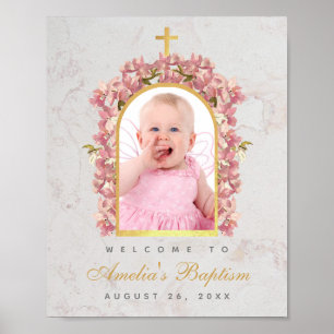 Doop Foto Nep Gouden Boog Roze Orchideeën Welkom Poster