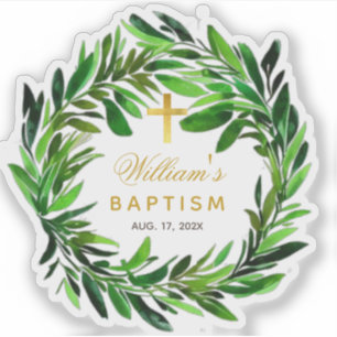 Doop Groen Bladkrans Nep Gouden Kruis Schrift Sticker
