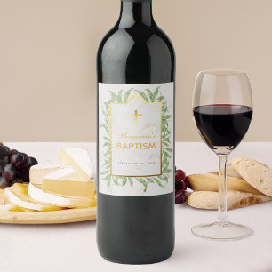 Doop Groen Faux Goud Kruis Marmer Botanisch Wijn Etiket