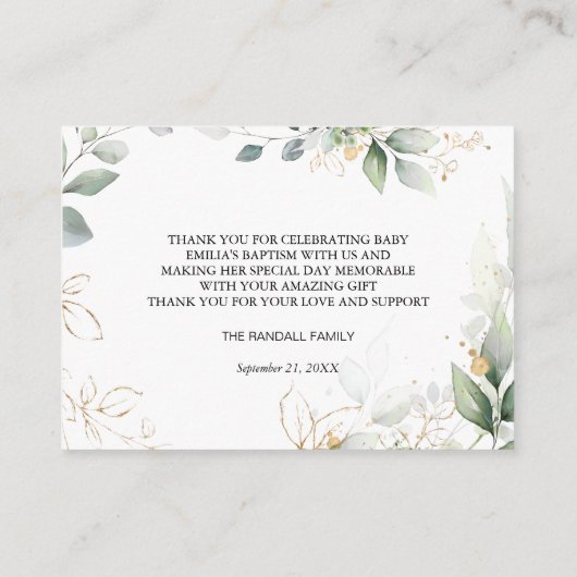 Doop Groen Goud Bladerdak Dank u Informatiekaartje (Achterkant)