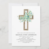 Doop Groen Salie Eucalyptus Goud Cross Invita Kaart (Voorkant)