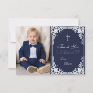 Doop Jongen Foto  Elegant Navy Blue Silver Bedankkaart