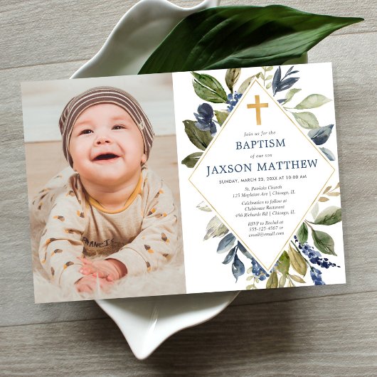 Doop jongen foto, groen blauw groen blad kaart