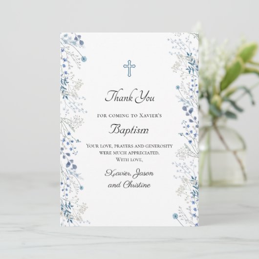 Doop kleine blauwe waterverf bloemetjes dank u kaart (Staand voorkant)