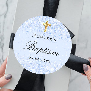 Doop lichtblauw glitters schittert jongens kruis ronde sticker