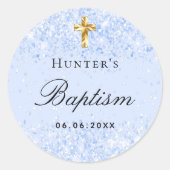 Doop lichtblauw glitters schittert jongens kruis ronde sticker (Voorkant)