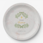 Doop Marmeren Bladergroen Faux Gold Script Papieren Bordje (Voorkant)