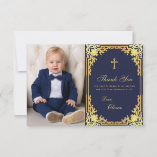 Doop Navy Blauw Goud Vintage Elegante Jongen Foto Bedankkaart