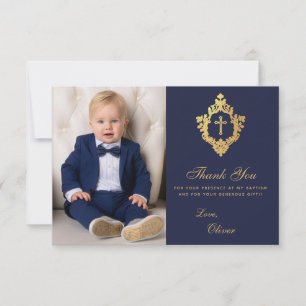 Doop Navy Gold Cross in Crest Elegant Boy Foto Bedankkaart