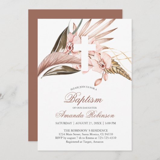 Doop Orchidee Pampas Grass Terracotta Uitnodiging (Voorkant / Achterkant)