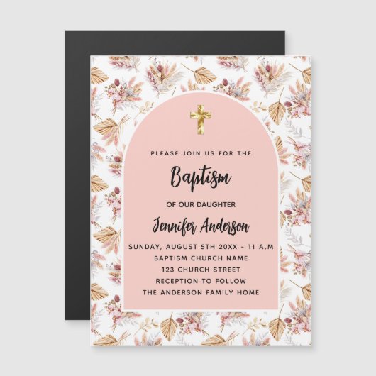 Doop pampas bloemen roos goud roze meisje luxe magnetische uitnodiging (Voorkant / Achterkant)