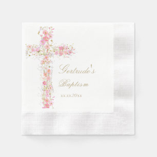 Doop roze bloemen kruis baby meisje servet