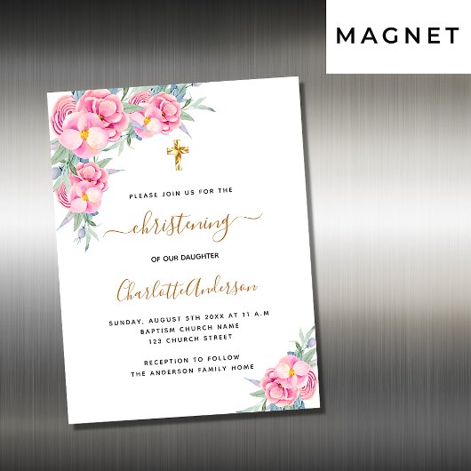 Doop roze bloemen roos uitnodiging magneet
