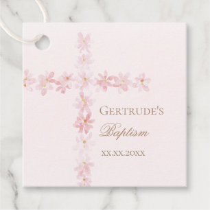 Doop roze bloemen waterverf kruis gunst tags bedankjes labels