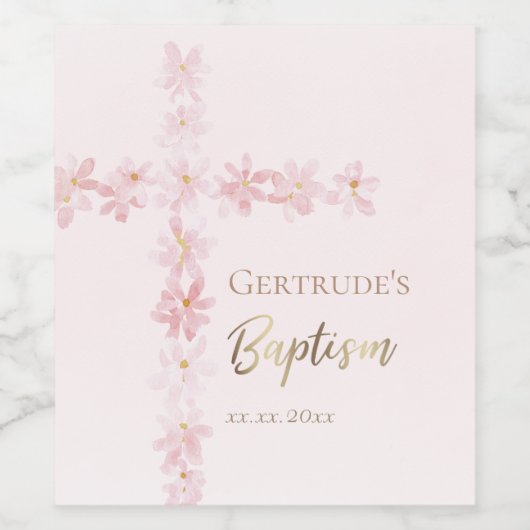 Doop roze bloemen waterverf kruis wijn etiket (Enkel label)
