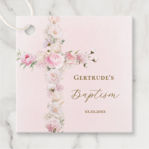 Doop roze bloemenkruis bedankjes labels