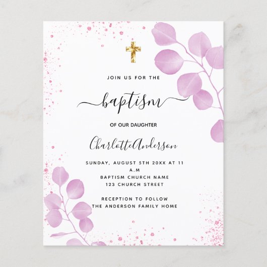 Doop roze eucalyptus glitter uitnodiging (Voorkant)