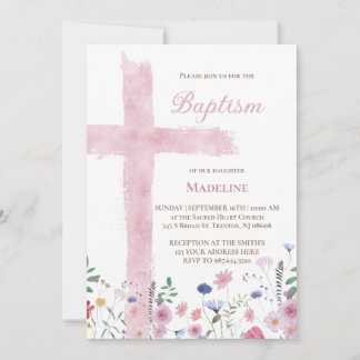 Doop roze waterverf kruis en bloemen kaart