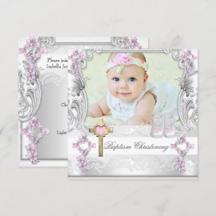 Doop roze witte kruis meisje foto doopfeest kaart
