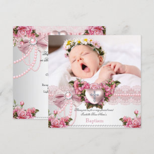 Doop Roze Zilver Foto Hart Kruis Meisje Roos 4 Kaart