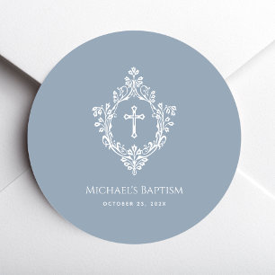 Doop Stof Blauw Elegante Jongen Witte Kruis Crest  Ronde Sticker
