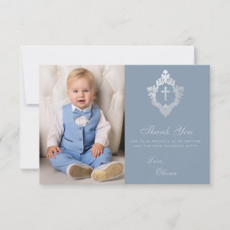 Doop Stof Blauw Kuif Kruis Elegante Jongen Foto Bedankkaart