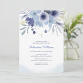 Doop Uitnodiging Blauw Bloemmotief (Staand voorkant)