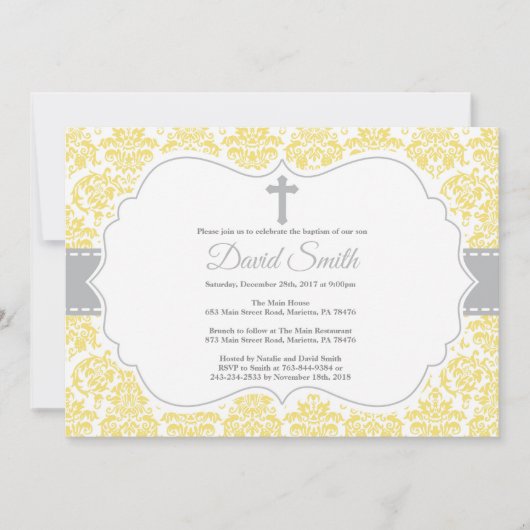 Doop Uitnodiging Geel en Grijs Damast (Voorkant)