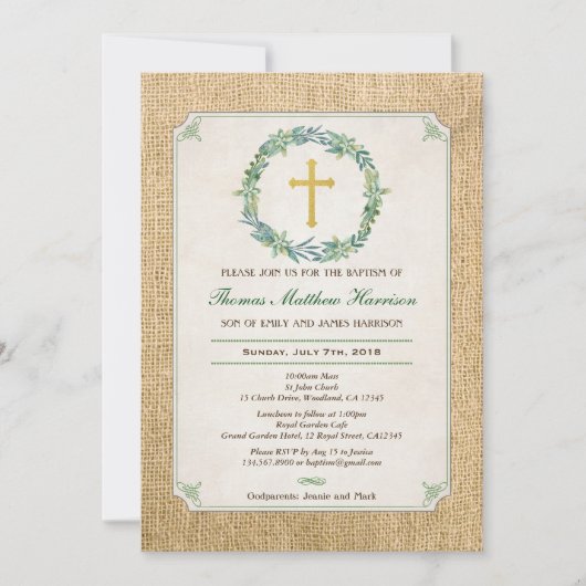 Doop uitnodiging. Groene krans robuuste jute Kaart (Voorkant)