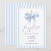 Doop uitnodiging voor jongen, blauwe boog & gestre (Voorkant / Achterkant)