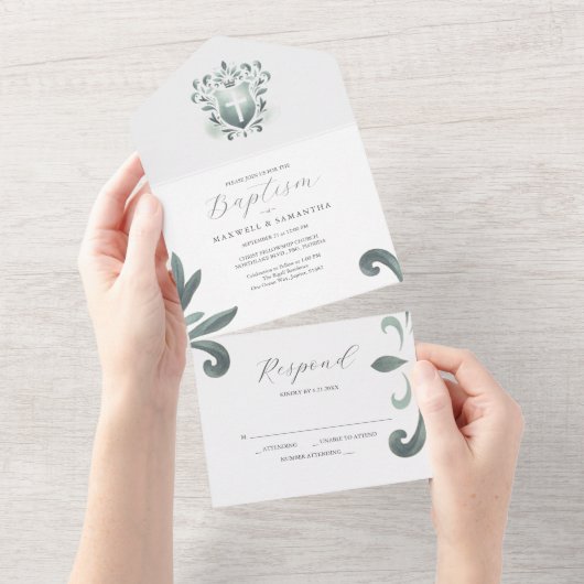 Doop uitnodigingen en RSVP kaart Sage Green Crest (Afscheurbaar)