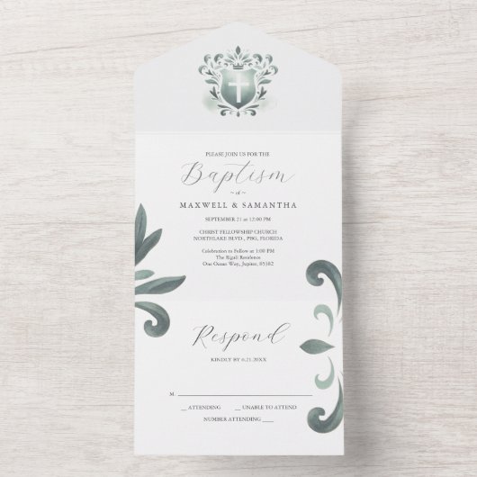 Doop uitnodigingen en RSVP kaart Sage Green Crest (Binnen)