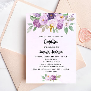 Doop violette bloemen groen kruis uitnodiging briefkaart