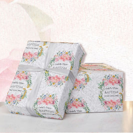 Doop Voeg naam & datum Cross Dove Flowers Cadeaupapier