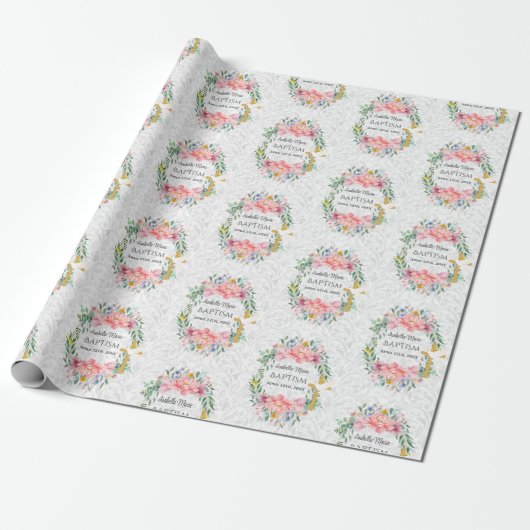 Doop Voeg naam & datum Cross Dove Flowers Cadeaupapier (Uitgerold)