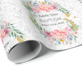 Doop Voeg naam & datum Cross Dove Flowers Cadeaupapier (Rol Hoek)
