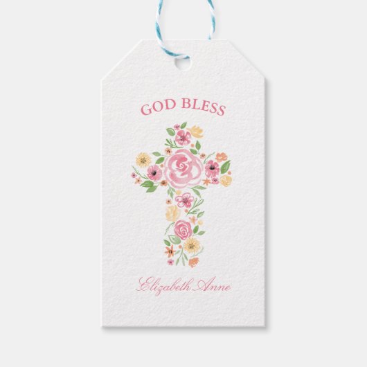 Doop Waterverf Roze en Geel Bloemkruis Cadeaulabel (Voorkant)
