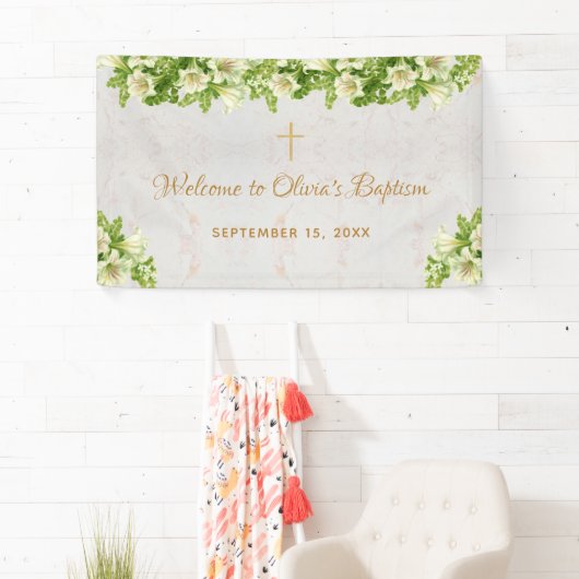 Doop Welkom Bloemen Witte Lelies Marmeren Script Spandoek (Insitu)