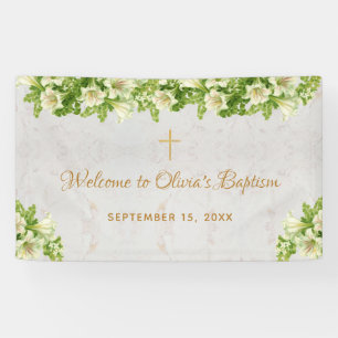 Doop Welkom Bloemen Witte Lelies Marmeren Script Spandoek