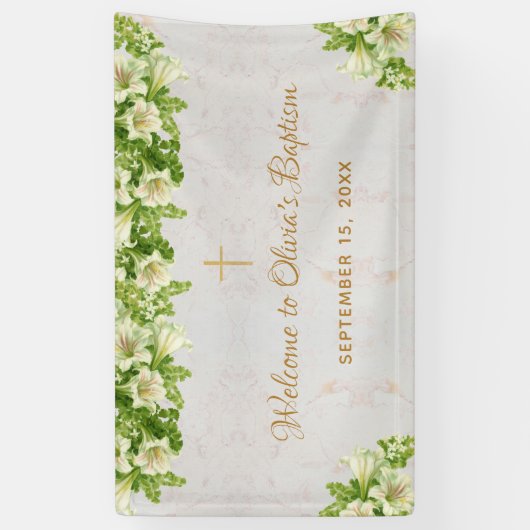 Doop Welkom Bloemen Witte Lelies Marmeren Script Spandoek (Verticaal)