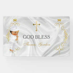 Doopbanner voor babyjongens met gouden kruis spandoek