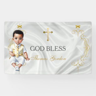 Doopbanner voor babyjongens met gouden kruis spandoek
