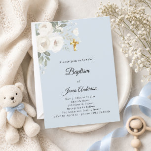 Doopfeest blauwe witte bloemen jongen kaart
