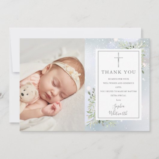 Doopfeest groene winter foto bedankkaart (Voorkant)