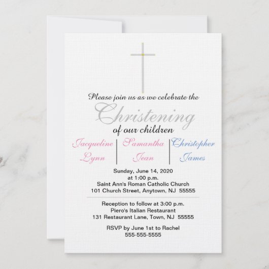 Doopfeest Roze Blauwe Drie-eiige Uitnodiging (Voorkant)