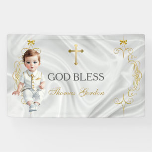Doopfeest voor baby jongen Gouden Kruis Spandoek