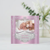 Doopfeestje voor meisje Doop Pink Zilver Kruis Kaart (Staand voorkant)