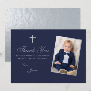 Doopjongen foto namaak zilver marineblauw schrift bedankkaart